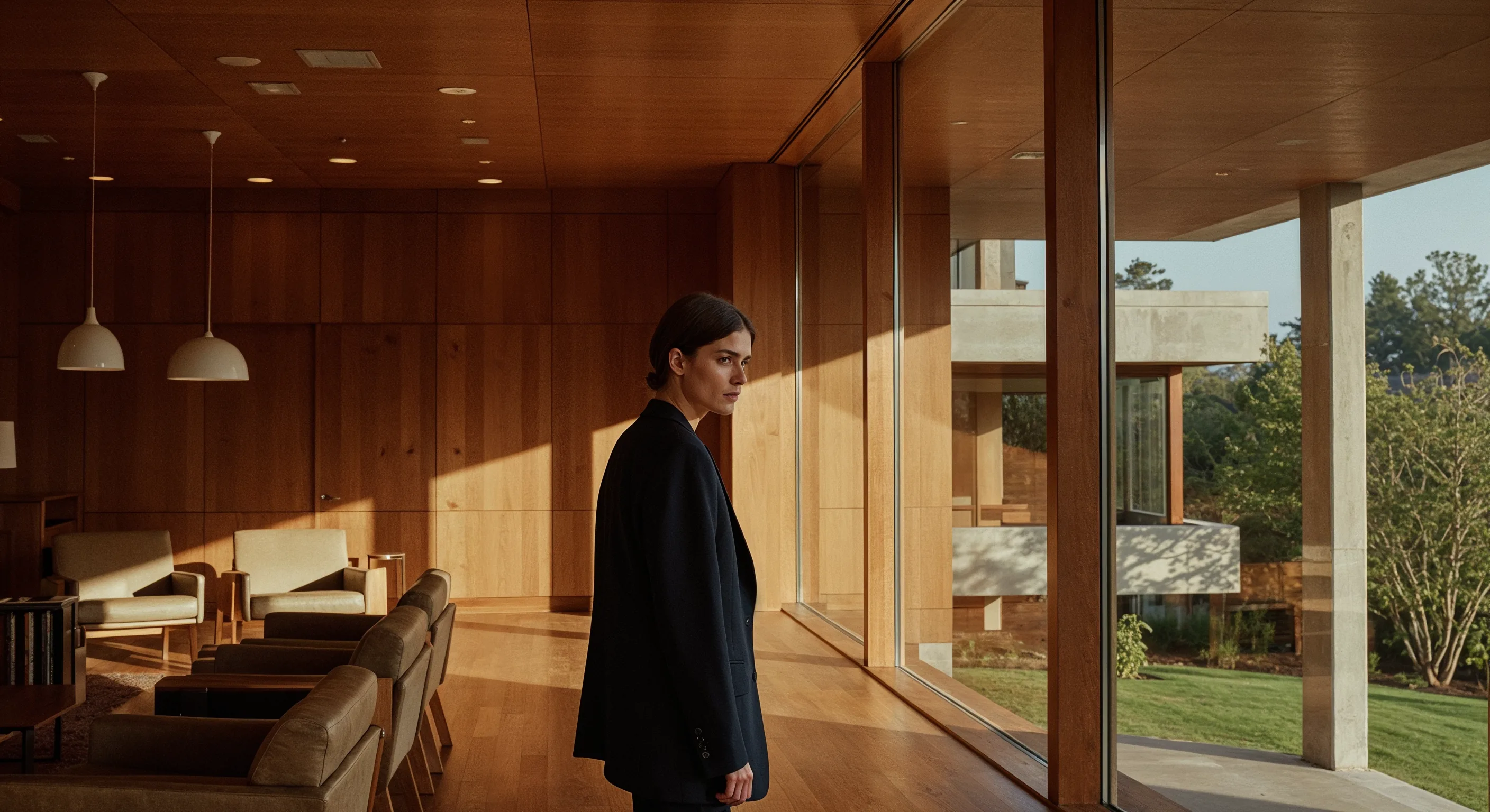 Editorial portrait of a woman in a tailored navy suit